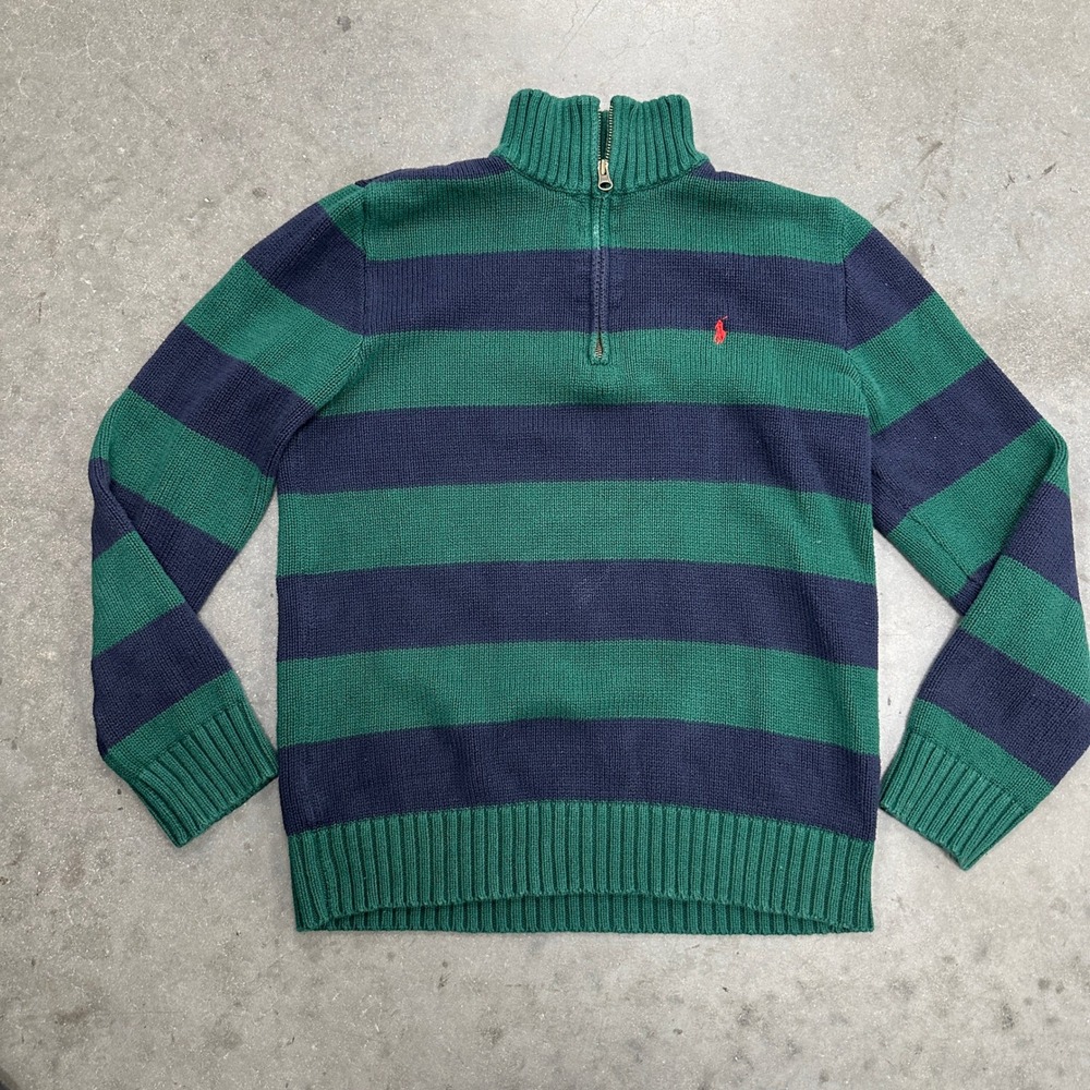 Vtg Polo Ralph Lauren Mens S Green Navy Striped Quarter Zip Cotton Knit Sweater